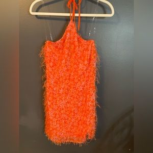 Size SM halter mini dress! Orange and pink floral with little fuzzies. NWT